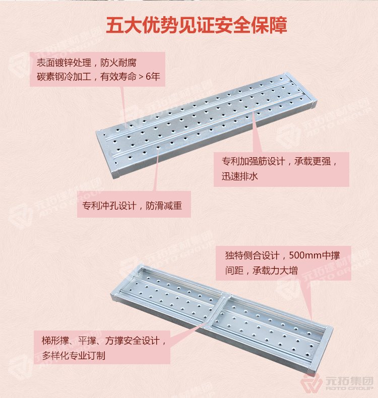 元拓 廠家批發(fā)江蘇鋼跳板  五大優(yōu)勢見證安全保障，表面鍍鋅處理，防火耐腐，碳素鋼冷加工，壽命大于6年，加強筋設(shè)計，專業(yè)沖孔，防滑設(shè)計，