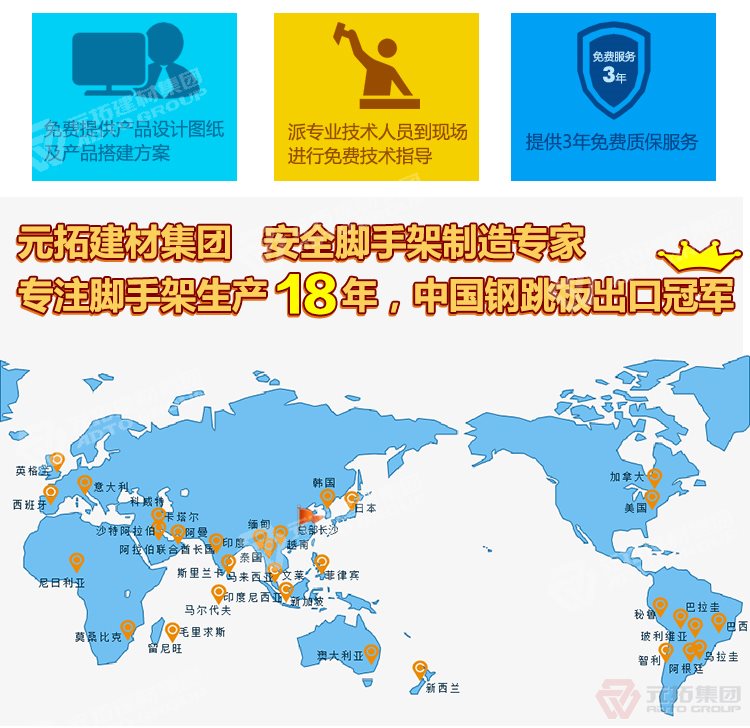 元拓建材集團，安全腳手架制造專家！專注腳手架生產(chǎn)18年，中國鋼跳板出口冠軍！